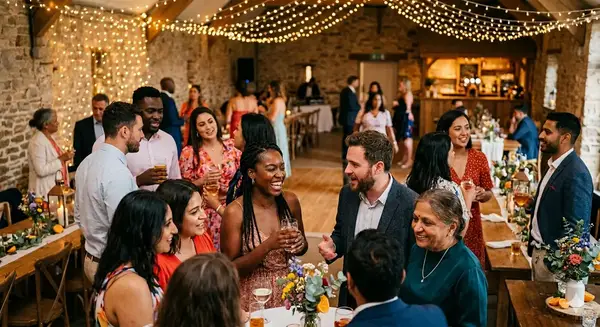 Photographie d'ambiance d'un cocktail de mariage dans une grange rénovée avec des murs en pierre et des guirlandes lumineuses. Un groupe multiculturel d'invités sourit et discute autour d'une table ronde, verre à la main. Au premier plan, une femme indienne en robe de soirée bleu sarcelle discute avec un homme en costume.