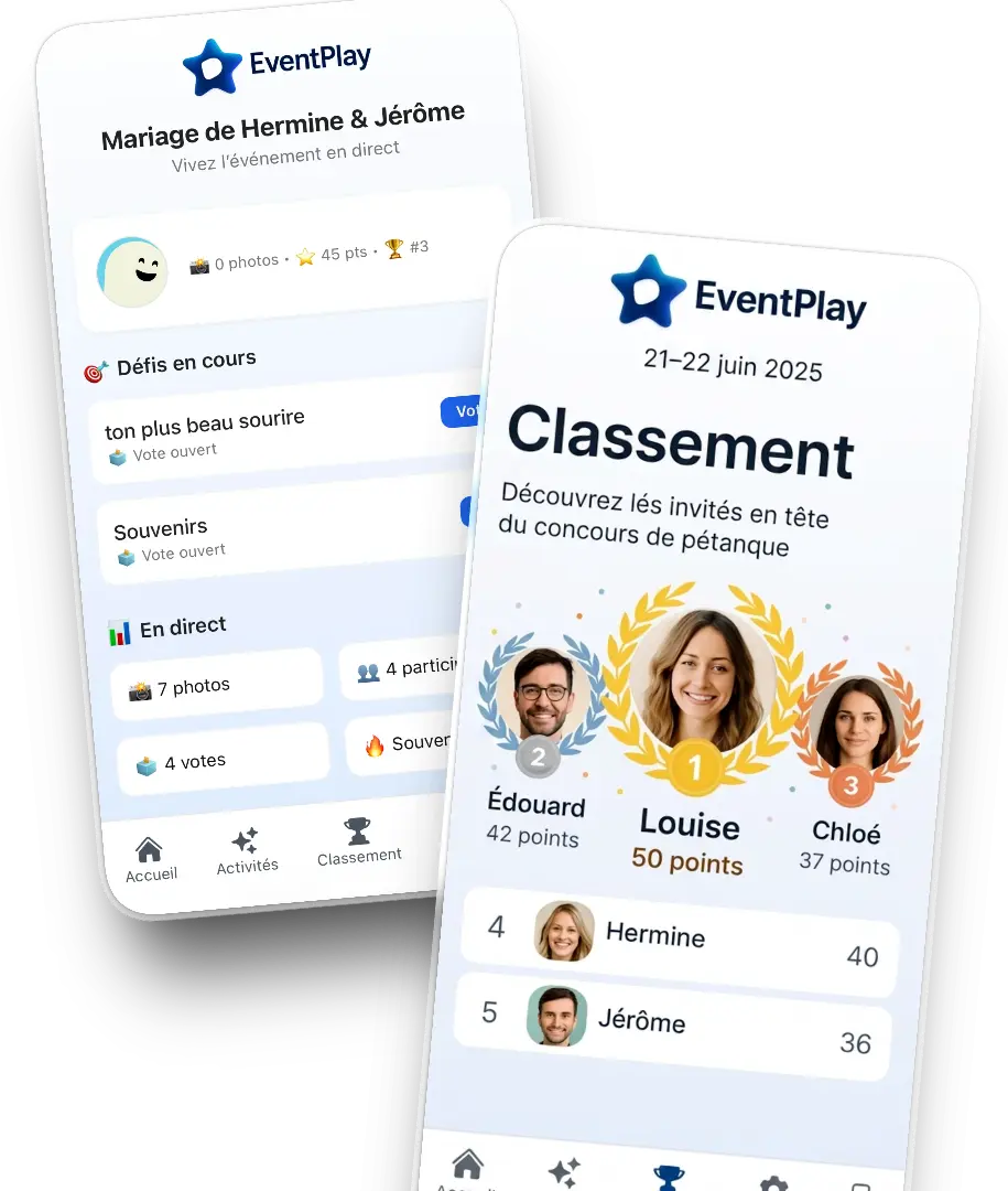 Aperçu de l'interface EventPlay montrant le hub de l'événement avec les défis...
