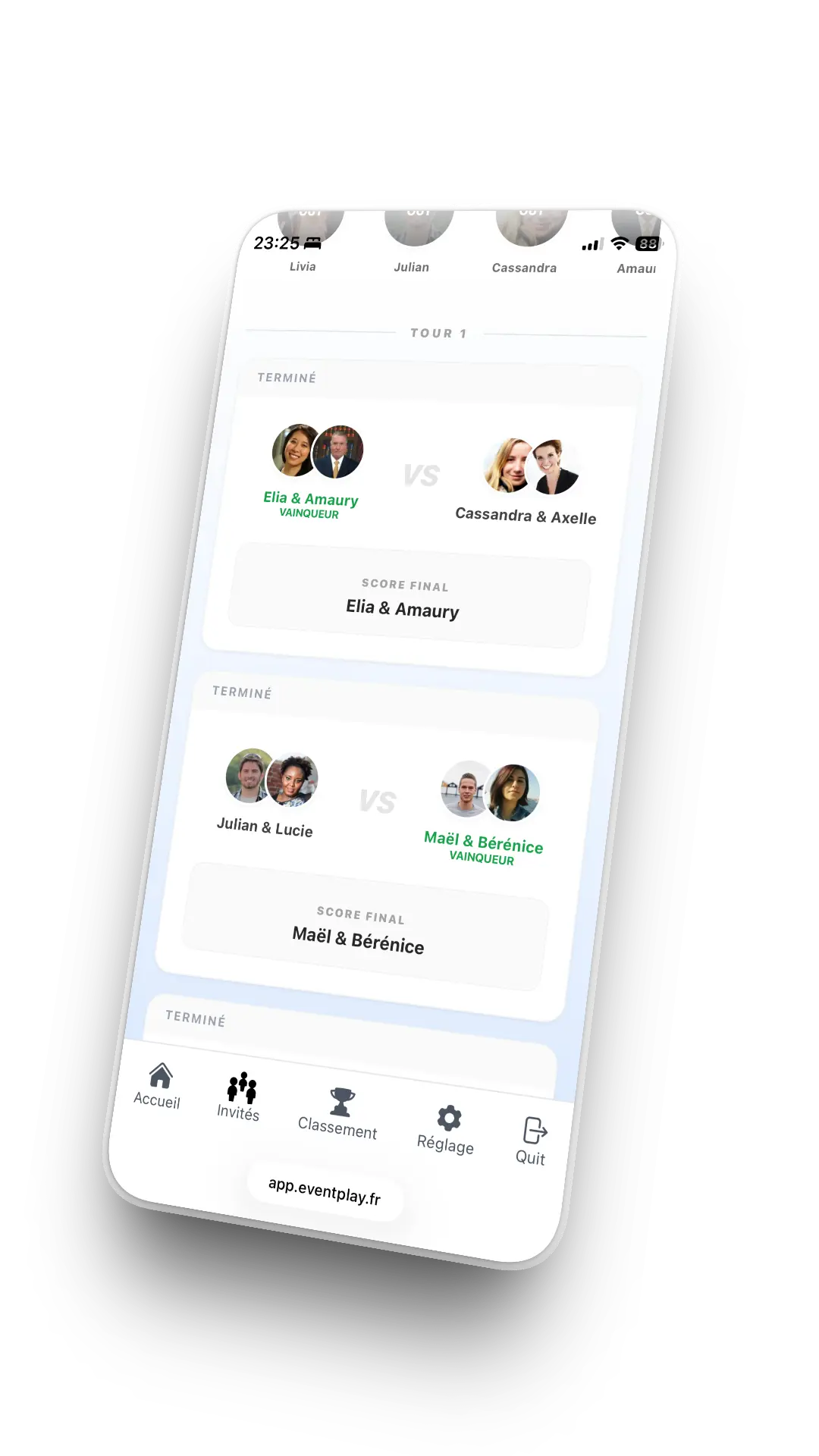 Aperçu de l'interface des tournois EventPlay